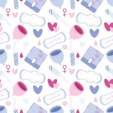 Güzel vektör düz düz desenli, kadın regl ürünleri hijyenik. El çizimi düz vektör çizimi. Tek kullanımlık ped, tampon, adet kupası, damla, kalp, takvim.