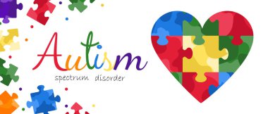 Otizm spektrum bozukluğu arka plan afiş tasarımı. Düz bir şekilde elle çizilmiş vektör çizimi. Kırmızı, yeşil, mavi, sarı, mor ve turuncu yapboz kalp tasarımı. Otizm farkındalık günü