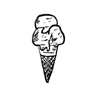 Siyah fırça darbesi desenli waffle külahında vanilyalı dondurma kepçeleri beyaza izole edilmiş. Klasik kömür mürekkebiyle elle çizilmiş vektör çizimi. Buzlu şeker, yaz konsepti, menü tasarımı