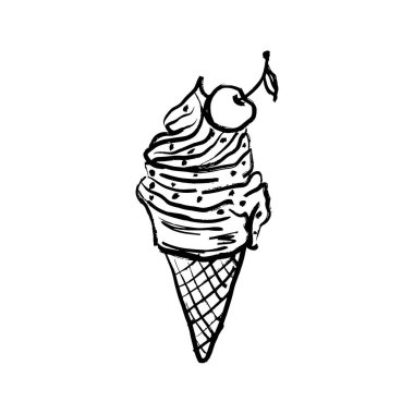 Krep külahında vanilyalı dondurma kepçesi ve beyaz üzerine izole edilmiş siyah fırça darbesi dokusuyla kiraz. Klasik kömür mürekkebiyle elle çizilmiş vektör çizimi. Buzlu şeker, yaz, menü tasarımı