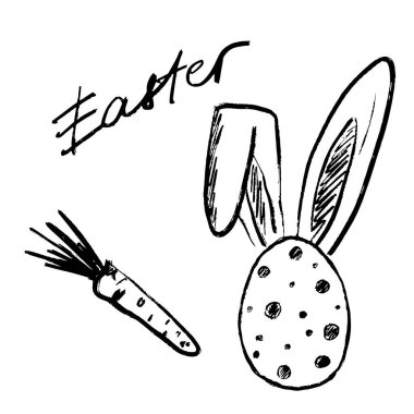 Beyaz arka planda izole edilmiş siyah fırça darbesi desenli tavşan kulakları ve havuç çizimi. Klasik kömür mürekkebiyle elle çizilmiş vektör çizimi. Paskalya tebrik kartı tasarımı