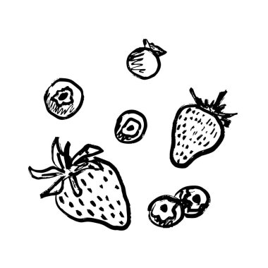 Çilek ve yaban mersini koleksiyonu siyah fırça darbeleriyle yuvarlak biçimde beyaza izole edilmiş. Klasik kömür mürekkebiyle elle çizilmiş vektör çizimi. Yaz meyvesi hasadı