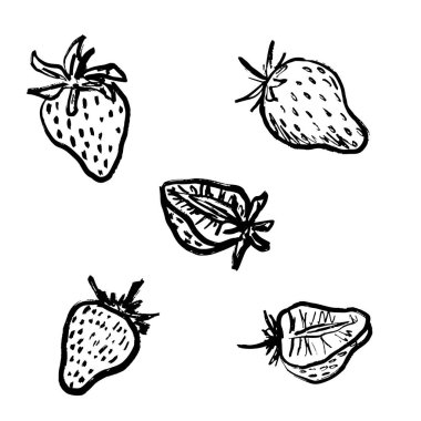 Siyah fırça darbesi desenli tam ve yarım çilek seti beyaza izole edilmiş. Klasik kömür mürekkebiyle elle çizilmiş vektör çizimi. Yaz hasadı, böğürtlen tasarımı, baskı