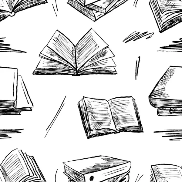 Kitaplı kusursuz desen, günlüklü, sayfalı defter. Okula geri dön, kütüphane atmosferinde fırça darbesi dokusu. Klasik kömür mürekkebi tarzında el çizimi vektör çizimi çizimi