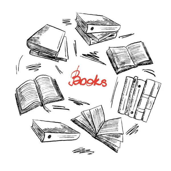 Kitaplar yuvarlak şekilli logolar, sayfalarla açılan kitaplar. Okula geri dön, kütüphane atmosferinde fırça darbesi dokusu. Klasik kömür mürekkebi tarzında el çizimi vektör çizimi çizimi