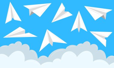Origami kağıt uçak bulutlu mavi gökyüzüne ayarlandı. Düz bir şekilde elle çizilmiş vektör çizimi. Teslimat, seyahat, tatil, turizm. İleti, e- posta, yazışma ve origami için web simgeleri