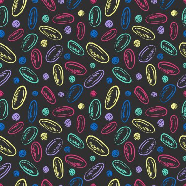 Kusursuz desenli, soyut yuvarlak ve oval figürlü parlak fırça darbesi dokusu siyahta izole. Klasik kömür mürekkebiyle elle çizilmiş vektör çizimi. Soyut arkaplan, karalama yazdırma