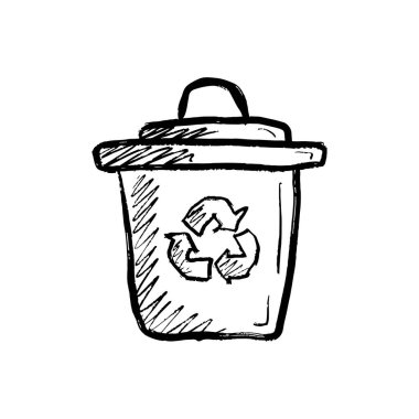 Plastik kapaklı el yapımı geri dönüşüm kutusu, sıfır atık, siyah fırça desenli çöp, beyaza izole edilmiş. Klasik kömür mürekkebiyle el çizimi vektör çizimi çizimi