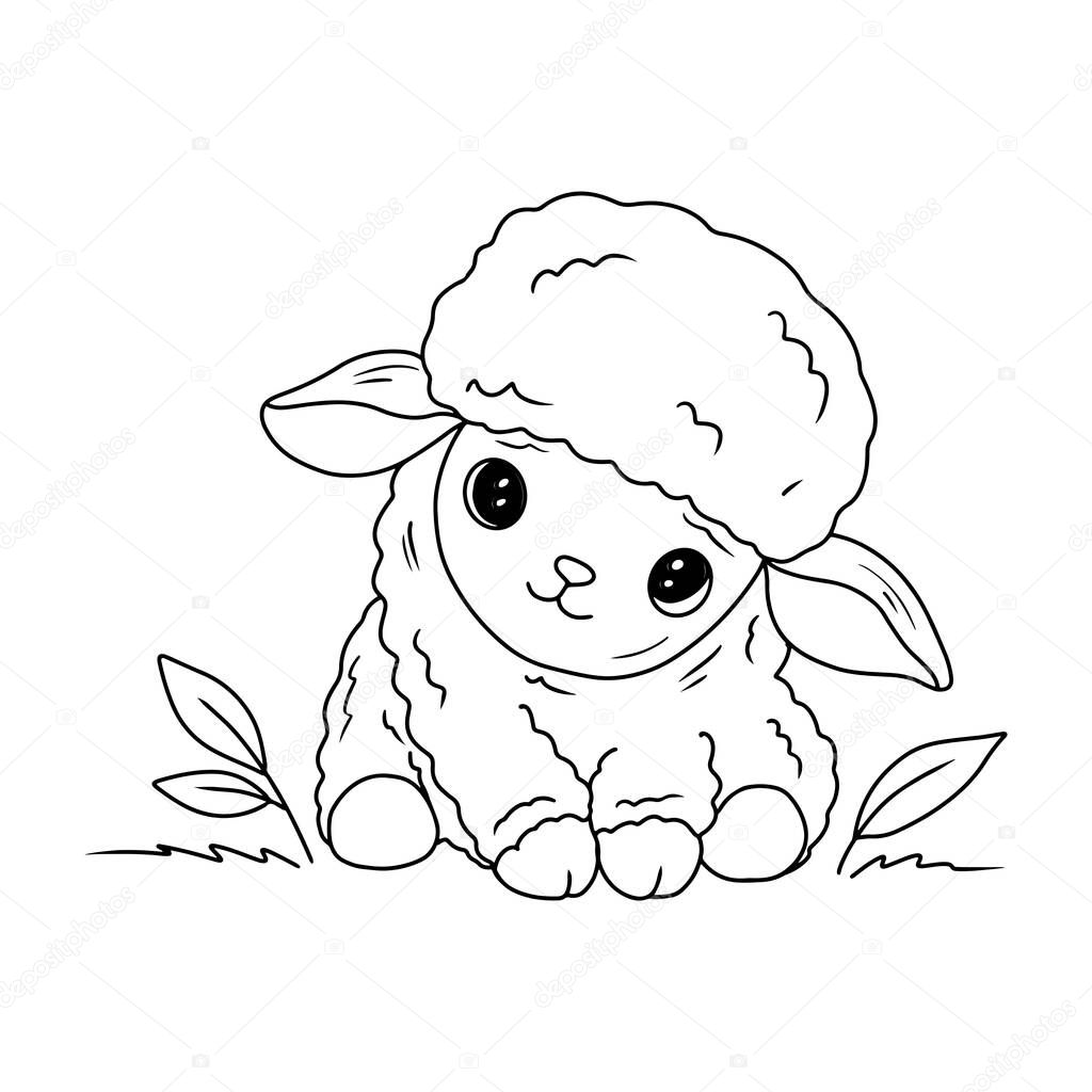 Little cute lamb sitting on the grass drawing in black isolated on white background. Hand drawn vector sketch illustration in doodle engraved line art style. Children cotton clothes logo