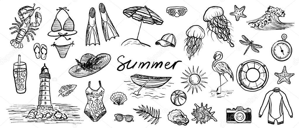 Summer symbols in black brush stroke texture isolated on white. Hand drawn vector sketch illustration in vintage charcoal ink. Lighthouse, swimsuit, beach umbrella, jellyfish, sea vacation, boat