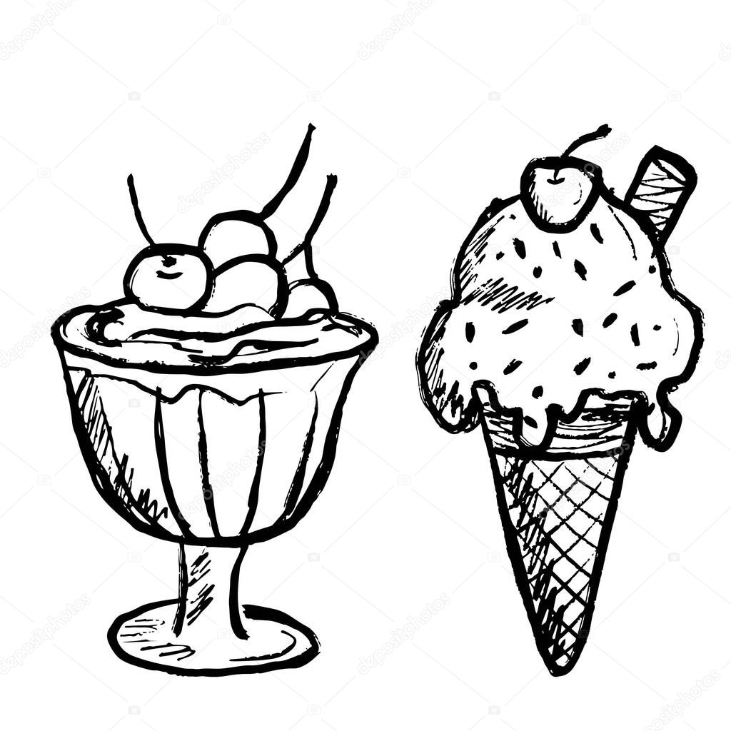 Hand drawn sketch of desserts: ice cream cone with sprinkles, cherry, wafer stick and parfait with topping in black brush stroke texture isolated on white. Vector illustration in vintage charcoal ink