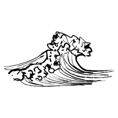 Siyah fırça darbeleriyle deniz dalgaları beyaza izole edilmiş. Klasik kömür mürekkebiyle elle çizilmiş vektör çizimi. Okyanus fırtınası konsepti, baskı tasarımı, yaz tatili, yolculuk elementi