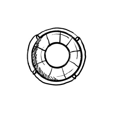 Siyah fırça darbesiyle şişirilebilir can simidi beyaza izole edilmiş. Klasik kömür mürekkebiyle elle çizilmiş vektör çizimi. Su güvenliği ve kurtarma kavramı, yüzme, yaz tatili