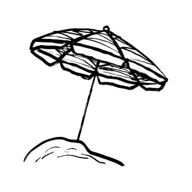 Plaj güneşinin şemsiyesi yaz tatilinin sembolü olarak siyah fırça darbesi dokusu beyaza izole edilmiştir. Klasik kömür mürekkebiyle elle çizilmiş vektör çizimi. Seyahat, baskı tasarımı
