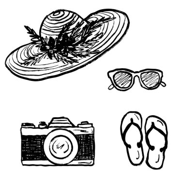Kadınlar, çiçekli, klasik kameralı, güneş gözlüklü ve siyah fırça darbesi desenli terlikli yaz şapkaları beyaza izole edilmiş. Klasik kömür mürekkebiyle el çizimi vektör çizimi çizimi