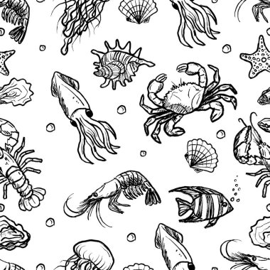 Deniz hayvanlarında kusursuz desen. Istakoz, denizanası, karides, yengeç, mürekkep balığı, siyah fırça dokunuşlu istiridye dokusu beyaza izole edilmiş. Klasik kömür mürekkebiyle el çizimi vektör çizimi çizimi