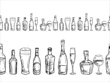 Beyaz üzerinde izole edilmiş siyah fırça darbesi dokusunda alkollü içecekler bulunan cam şişelerle kusursuz bir sınır. Klasik kömür mürekkebiyle elle çizilmiş vektör çizimi. Çubuk arkaplan, çerçeve, menü