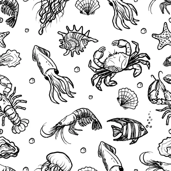 Deniz hayvanlarında kusursuz desen. Istakoz, denizanası, karides, yengeç, mürekkep balığı, siyah fırça dokunuşlu istiridye dokusu beyaza izole edilmiş. Klasik kömür mürekkebiyle el çizimi vektör çizimi çizimi