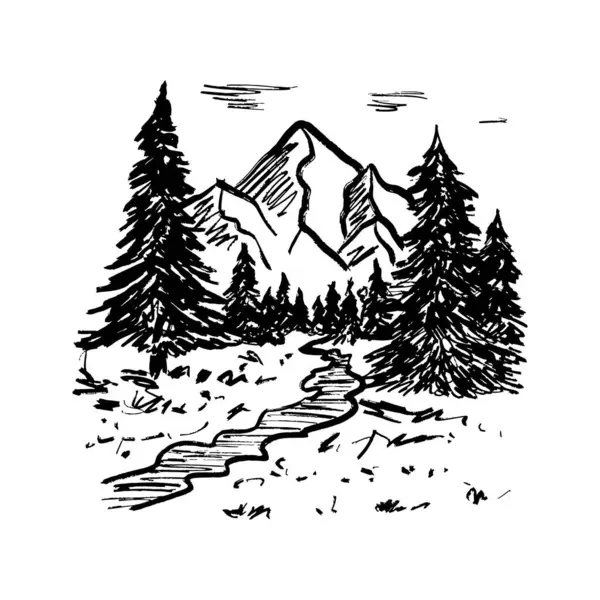 Dağlar, çam ağaçları ve siyah fırça desenli patikalar beyaza izole edilmiş. Klasik kömür mürekkebiyle elle çizilmiş vektör çizimi. Davetiye tasarımı, yazdırma