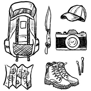 Yürüyüş tatili için malzemeler: sırt çantası, katlanabilir bıçak, kamera, şapka, harita, kibrit ve fırça darbesi dokusu içinde yürüyüş botları. Klasik kömür mürekkebiyle el çizimi vektör çizimi çizimi