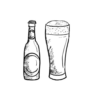Köpüklü bira bardağı ve siyah fırça darbesi desenli şişe beyaza izole edilmiş. Klasik kömür mürekkebiyle elle çizilmiş vektör çizimi. Bar menüsü, içecekler