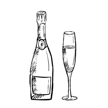 Kutlama konsepti olarak camlı şampanya şişesi, yeni yıl, siyah fırça darbesiyle doğum günü dokusu beyaza izole edilmiş. Klasik kömür mürekkebiyle el çizimi vektör çizimi çizimi