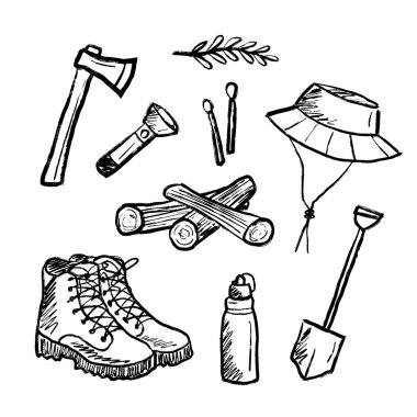 Kamp yapmak için seyahat ekipmanları, siyah fırça darbeleri dokusu beyaza izole edilmiş. Klasik kömür mürekkebiyle elle çizilmiş vektör çizimi. Çizme, termos, panama şapkası, kibrit.