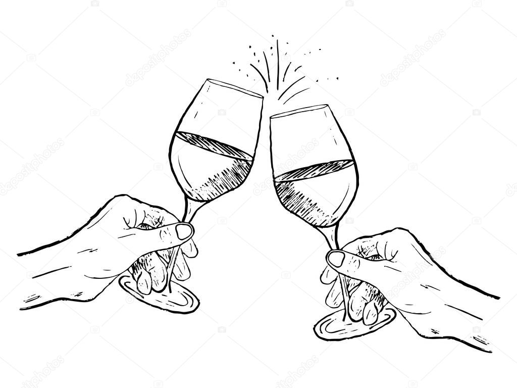 Hands holding glass of wine. Cheers concept. Happy birthday celebration in black brush stroke texture isolated on white. Hand drawn vector sketch illustration in vintage charcoal ink