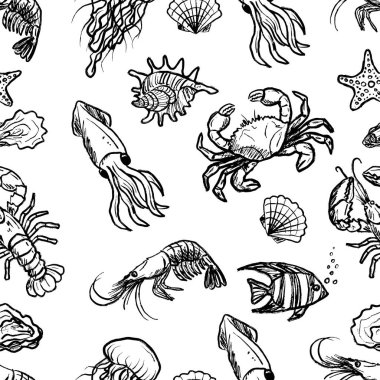 Deniz hayvanlarında kusursuz desen. Istakoz, denizanası, karides, yengeç, mürekkep balığı, siyah fırça dokunuşlu istiridye dokusu beyaza izole edilmiş. Klasik kömür mürekkebiyle el çizimi vektör çizimi çizimi
