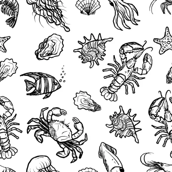 Deniz hayvanlarında kusursuz desen. Istakoz, denizanası, karides, yengeç, mürekkep balığı, siyah fırça dokunuşlu istiridye dokusu beyaza izole edilmiş. Klasik kömür mürekkebiyle el çizimi vektör çizimi çizimi