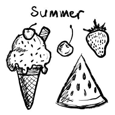 Yazın simgesi olarak, kirazlı, karpuzlu ve çilekli dondurma beyaz üzerine izole edilmiş siyah fırça darbesi dokusu. Klasik kömür mürekkebiyle el çizimi vektör çizimi çizimi