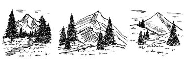 Siyah fırça desenli turizm kavramı olarak bembeyaz üzerine izole edilmiş üç dağ manzarası. Klasik kömür mürekkebiyle elle çizilmiş vektör çizimi. Yürüyüş