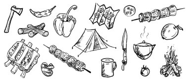 Kamp yemeği, barbekü konsepti siyah fırça darbesi dokusu beyaza izole edilmiş. Klasik kömür mürekkebiyle elle çizilmiş vektör çizimi. Çadır, ızgara kaburga, donör kebap, şenlik ateşi, biber.