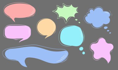 Renkli konuşma baloncukları kalp şeklinde dizayn edildi, yıldız. Soyut konuşma baloncukları. Pastel renk mesaj kutusu tasarımları. Düz bir şekilde elle çizilmiş vektör çizimi. Diyalog ögesi