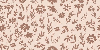 Soyut çiçeklerle ve fırça darbeleriyle yatay ve pürüzsüz desen. El çizimi vektör çizimi karakalem çizimi, siluet çiçek deseni, karalama grunge fırça dokusu. Kumaş dokusu