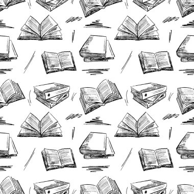 Kitaplı kusursuz desen, günlüklü, sayfalı defter. Okula geri dön, kütüphane atmosferinde fırça darbesi dokusu. Klasik kömür mürekkebi tarzında el çizimi vektör çizimi çizimi