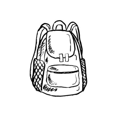 Siyah fırça darbesi desenli günlük okul çantası beyaza izole edilmiş. Klasik kömür mürekkebiyle elle çizilmiş vektör çizimi. Sıradan moda aksesuar tasarımı, okul konseptine dönüş.