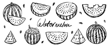 Tüm karpuz seti, dilimlenmiş ve siyah fırça desenli parçalar beyaza izole edilmiş. Klasik kömür mürekkebiyle elle çizilmiş vektör çizimi. Yaz meyvesi tasarımı, sulu meyve