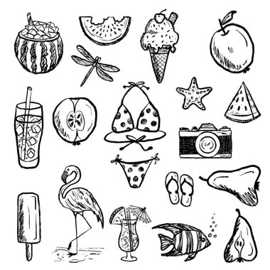 Yaz tatili ekipmanları. Hasır şapka, mayo, yusufçuk, flamingo, karpuz kamera, siyah fırça desenli içecek. Klasik kömür mürekkebiyle el çizimi vektör çizimi çizimi.