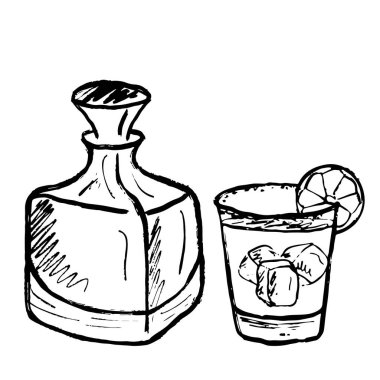 Limon dilimli bardaklı brendi şişesi ve beyaza izole edilmiş siyah fırça desenli buz küpleri. Klasik kömür mürekkebiyle elle çizilmiş vektör çizimi. Bar menü tasarımı