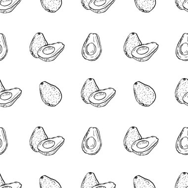 Kusursuz desenli ve yarım dilimlenmiş avokado sebzesi siyah fırça darbesi dokusu beyaza izole edilmiş. Klasik kömür mürekkebiyle elle çizilmiş vektör çizimi. Yemek malzemeleri baskı tasarımı