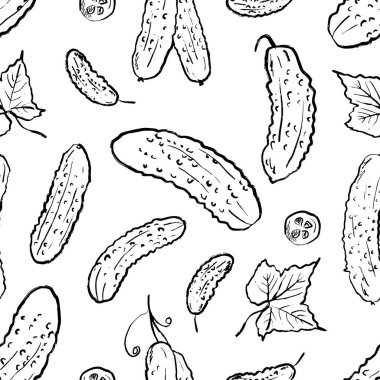 Beyaz üzerinde izole edilmiş siyah fırça darbesi dokusunda salatalık desensiz desen tasarımı. Klasik kömür mürekkebiyle elle çizilmiş vektör çizimi. Doku baskısı tasarımı, mutfak yemekleri, yemek pişirme konsepti