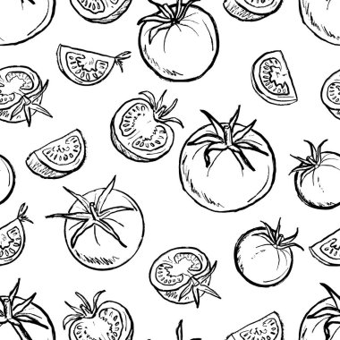 Domatesli kusursuz desen ve yarım dilimlenmiş siyah fırça dokusu beyaza izole edilmiş. Klasik kömür mürekkebiyle elle çizilmiş vektör çizimi. Mutfak doku izi tasarımı
