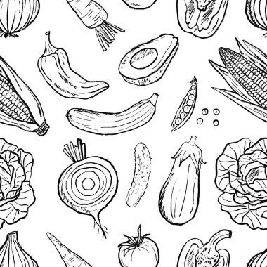 Pancar kökü, salatalık, havuç, mısır, siyah fırça desenli patlıcan desenli dikişsiz, beyaz üzerine izole edilmiş sebze deseni. Klasik kömür mürekkebiyle el çizimi vektör çizimi çizimi