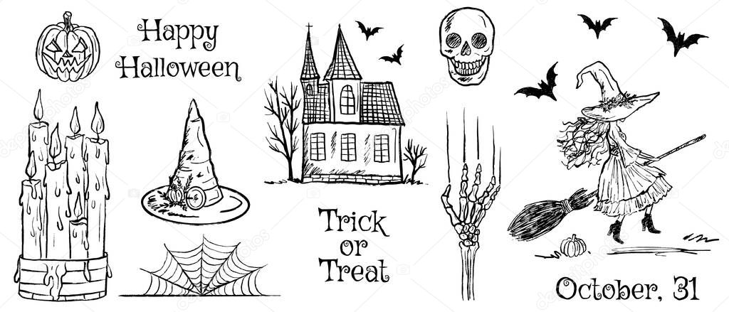 Happy Halloween set of icons in black brush stroke texture isolated on white. Hand drawn vector sketch illustration in vintage charcoal ink. Witch, haunted house, hat, candles, skeleton, scratch