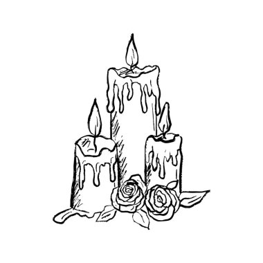 Yanan mumlar, siyah fırça desenli güller, beyaza izole edilmiş. Klasik kömür mürekkebiyle elle çizilmiş vektör çizimi. Tebrik kartı, davetiye, düğün, bayram sembolü