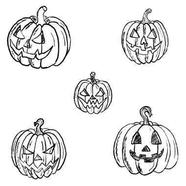 Beyaz üzerine izole edilmiş siyah fırça darbesi dokusunda oyulmuş balkabağı tasarımı. Klasik kömür mürekkebiyle elle çizilmiş vektör çizimi. Mutlu Cadılar Bayramı tasarımı, davetiye, Jack O 'Lantern