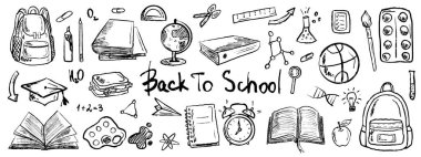 Okul konseptine geri dönelim. 1 Eylül. Kırtasiye malzemesi siyah fırça darbesi dokusu beyaza izole edilmiş. Klasik kömür mürekkebiyle elle çizilmiş vektör çizimi. Kitaplar, sırt çantası