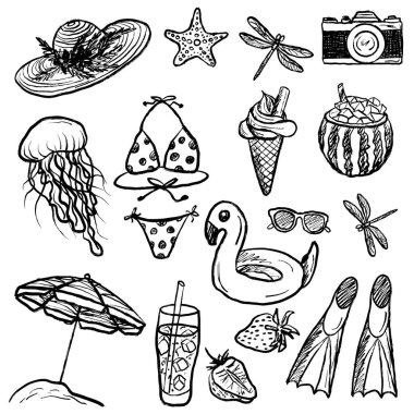 Yaz tatili bikini takımı, kokteyl, palet, güneş gözlüğü, siyah fırça darbesi desenli dondurma. Klasik kömür mürekkebiyle el çizimi vektör çizimi çizimi