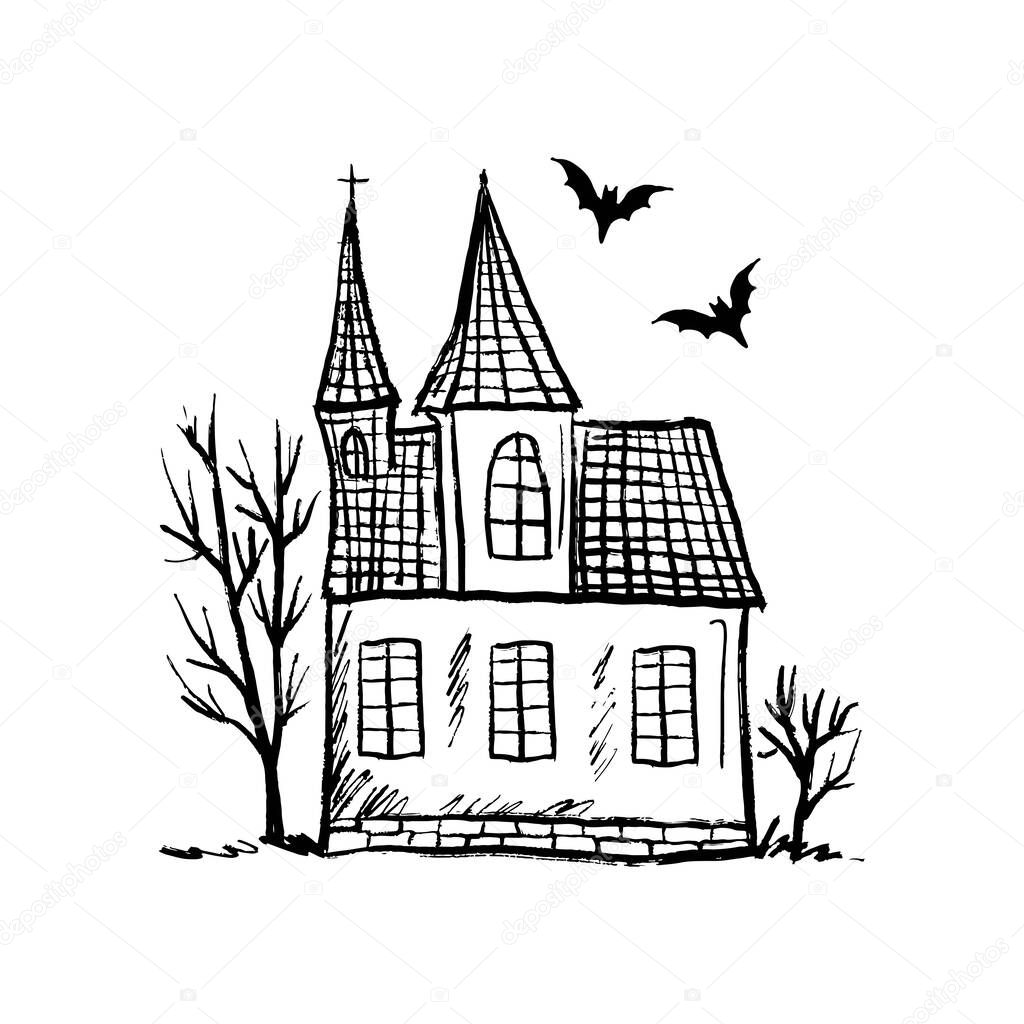 Vintage old church with horror silhouette trees and bats flying around in black brush stroke texture isolated on white. Hand drawn vector sketch illustration in vintage charcoal ink. Halloween